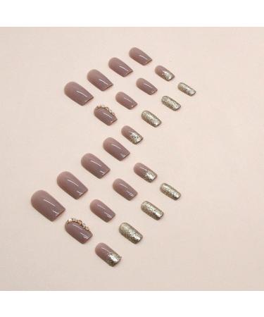 Mouyouglow Press On Nails - Square Dark Nude Gold Glitter Rhinestones | T11 Artificial Fingernails with Nail Glue - International Shipping Available - Buy Online on GoSupps.com