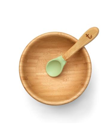 Tiggi Baby Bowl and Spoon Set - Suction and Bamboo Bowls for Weaning | Secure Feeding with Baby Suction Bowl | BPA-Free Weaning Bowl Kit (Soft Green)