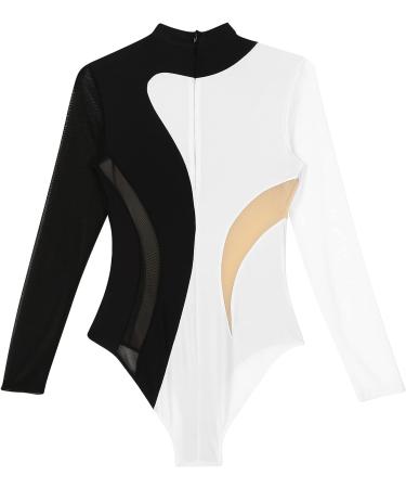 Women's Ballet Dance Leotard | Turtleneck Long Sleeve Rhinestone Bodysuit | Black&White - Small | Yeahdor - Buy Online on GoSupps.com