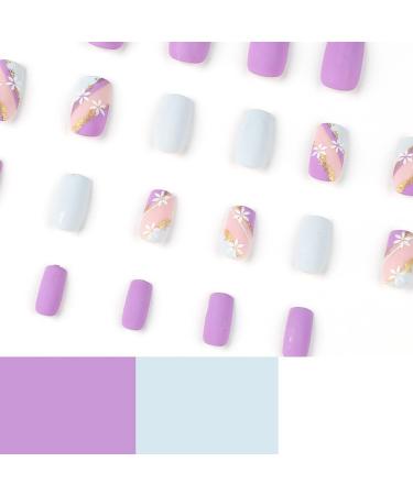 24 PCS Flower Press on Nails Matte Purple French False Nails Square Short Fake Nails Full Cover Stick on Nails for Women Girls Daily Wear Salon 08 - Buy Online on GoSupps.com