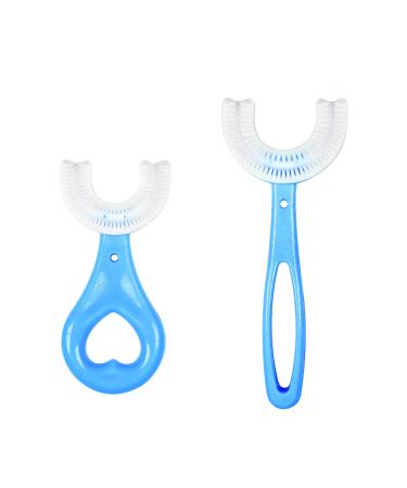 Qinerle 2 Pack U-Shaped Toothbrush Kids, Food Grade Soft Silicone Brush Head, 360° Oral Teeth Cleaning Design for Toddlers and Children (Blue)