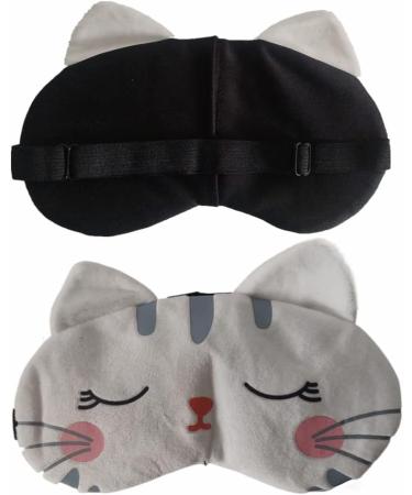 Cute Travel Cat Sleep Eye Mask 2 Pack - Soft Animal Cartoon Blindfold for Women, Girls, Kids - Perfect for Sleep, Plane, Office Nap - White Black - Buy Online on GoSupps.com