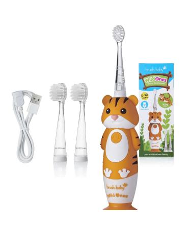 brush-baby WildOnes Kids Electric Rechargeable Toothbrush Tiger, 1 Handle, 3 Brush Heads, USB Charging Cable, for Ages 0-10 (Tiger)