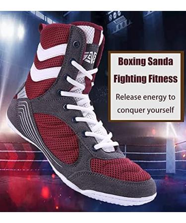 HUANLE Youth Sports Boxing Shoes - Breathable Wrestling Fitness Sanda Shoes with Ankle Guard, Non-Slip High-Top Men's Training Competition Boots in White/Red - Buy Online on GoSupps.com