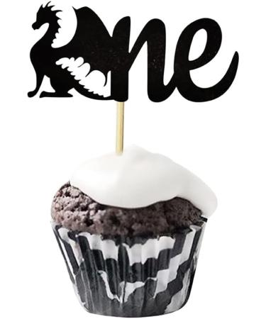 24 Pcs Dragon Pattern Baby's First Birthday Party Cupcake Toppers Black Birthday Theme Party Decoration Dessert Insert MGPFERD - Buy Online on GoSupps.com