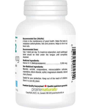 Prairie Naturals Sublingual B12 Methylcobalamin 5000mcg & Folic Acid helps to reduce the risk of neutral tube defects helps the body to metabolize proteins forms red blood cells prevents folate deficiency and Vitamin B12 deficiency - 90 Count - Buy Online on GoSupps.com