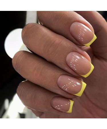 Vatocu square shiny artificial nails short pink false nails French yellow press on nails ballerina acrylic stick on the nails for women and girls (24 pieces)
