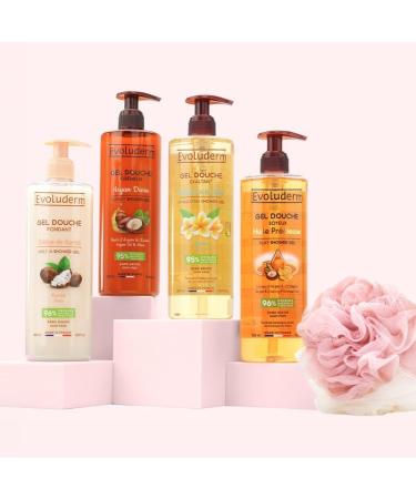 Evoluderm EVOLUDERM - Offer: 4 Shower Gels 500ml + Free Exfoliating Glove - Monoi Shower Gel - Argan - Shea Butter - Precious Oil - Natural Ingredients - Made in France
