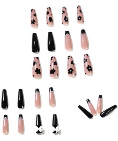 French Tip Press on Nails - Long T Press On Nails with Nail Tips White Bowkot and Black flower with white pearl design Black false nails press on nails Acrylic False Nails Cute Artificial Nails - Buy Online on GoSupps.com
