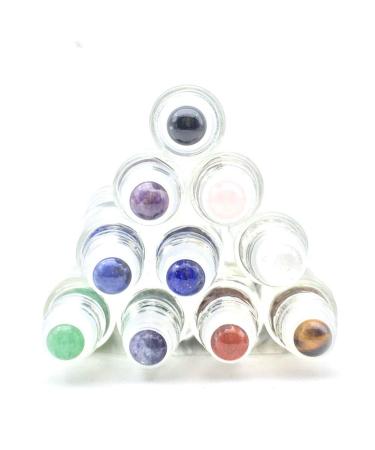 10 Pack 10ml Clear Glass Roller Bottles with Gemstone Roller Balls and Bamboo Lid - Healing Crystal Chips Inside - Buy Online on GoSupps.com