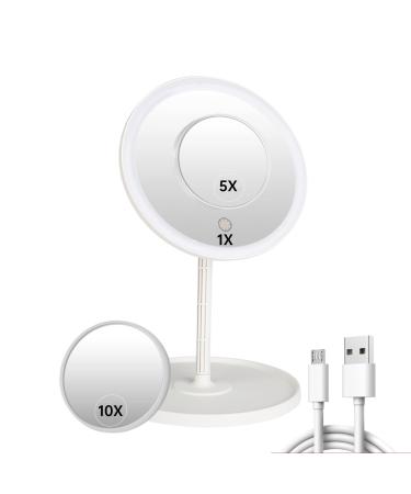 JSONPHX Lighted Makeup Mirrors with HD Daylight Makeup Mirror with Light Tri-Color Adjustable Detachable LED Mirror Makeup Touch Control White Rechargeable Gift 5X And10x Magnifying Mirror for Makeup