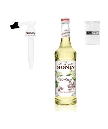Value Bundle: Monin Syrup 750ml & Syrup Pump 750ml - Coffee Syrup & Cocktail Drink Mixer - Custom Value Bundle Branded Package of 2 (Elderflower)