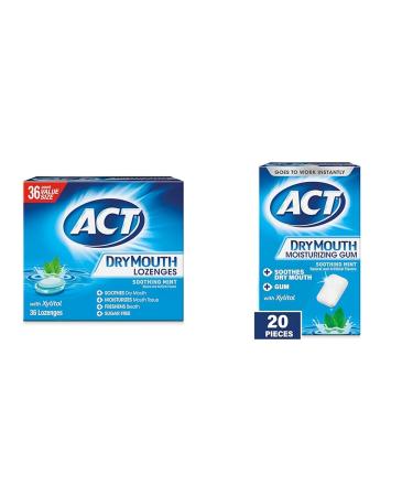ACT Dry Mouth Lozenges with Xylitol Soothing Mint 36 Lozenges & Dry Mouth Moisturizing Gum 20 Pieces With Xylitol Sugar Free Soothing Mint