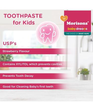 Morisons Baby Dreams Kids Strawberry Flavour Toothpaste 50 gm (Pack of 3) Fluoride Free Sulphate Free & Sugar Free 12M+ - Buy Online on GoSupps.com