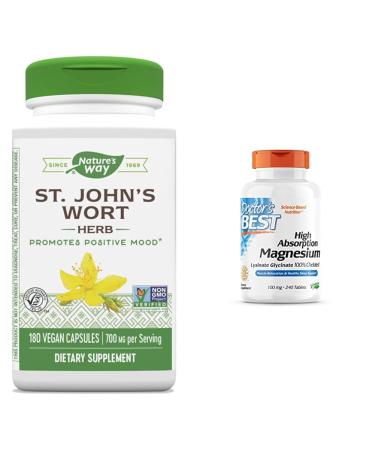 Nature's Way Premium St. John s Wort Herb Promotes A Positive Outlook* 700 mg per Serving & Doctor's Best High Absorption Magnesium Glycinate Lysinate 100% Chelated Non-GMO Vegan Gluten