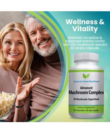Advanced Mushroom Complex - Lion's Mane Reishi Cordyceps Chaga Turkey Tail Maitake 10X Mushroom Blend Superfood Immune Support & Nootropic Brain Supplements for Immunity & Energy - 60 capsules - Buy Online on GoSupps.com