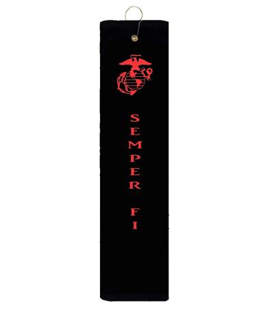 Liberty Flags and Gifts Marine Corps EGA Semper Fi USMC Tri-fold Golf Towel with Grommet & Hook Father's Day Club Ball Tee Golfing Gift Birthday Towels Vinyl GT2602, Black