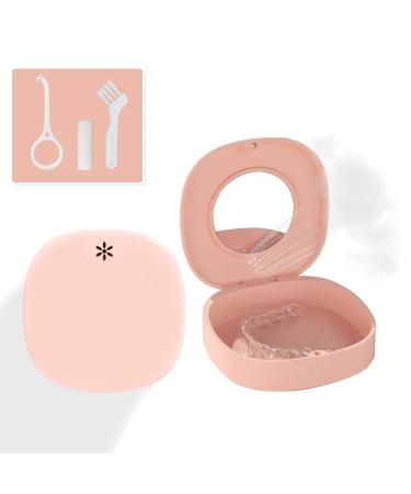 Retainer Case with Vent Holes, and Mirror, Cute Slim Aligner Case Night Mouthguard Case, with Retainer Removal Tool, Chewie & Brush, for Women & Men, Pink