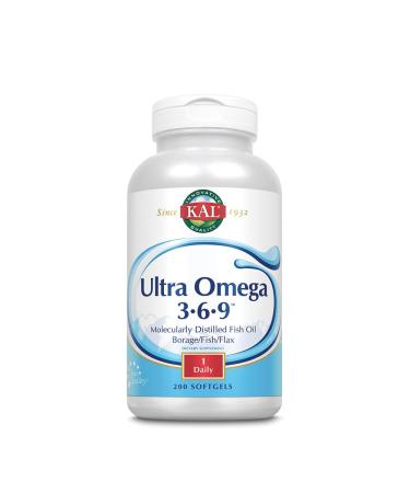 KAL Ultra Omega 3-6-9 1200mg | Fish Oil w/Cold Pressed Flaxseed & Borage Oil | Skin Hair Heart Memory | 200 Softgels 200 Count (Pack of 1)