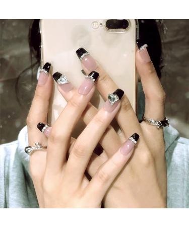 French Tip Press on Nails - Long Square Press On Nails with Nail Tips Love Diamond Chain Design Black press on nails Acrylic False Nails Cute Artificial Nails
