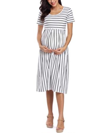 Love2Mi Short-Sleeve Maternity Dress - A-Line Midi Pregnant Dress in White Black Stripe - Buy Online on GoSupps.com