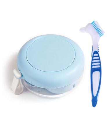 Anbbas Leakproof Denture Cleaning Kit Denture Cup with Basket and Brush Dental Cleaning Soaking Retainer Case Bath Box for Braces Aligner Mouth Guards Partial Wire Dentures (Blue)