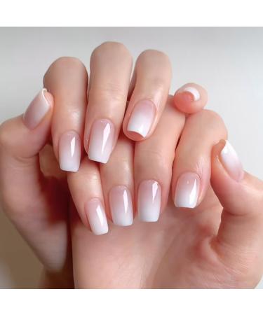 Pink Gradient French Press On Nails Short Reusable French White Tip Fake Nails Kit for Nail Art 24 PS Glue On Nails for Women Gift Press On Nail Kit 1 Double-Sided Nail File Adhesive Tabs French Pink