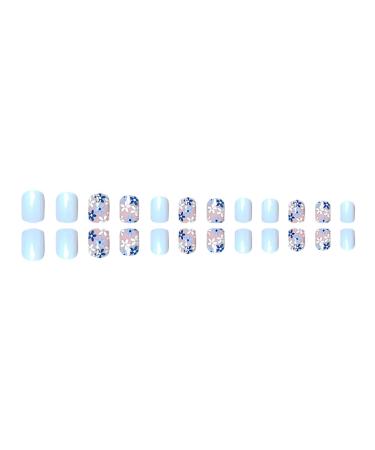 Blue Flowers Press on Nails - Short Square Light Blue Acrylic Full Cover - Glossy Floral Stick-On Nails for Women - 24PCS Spring-inspired Artificial Glue-On Nails - Buy Online on GoSupps.com