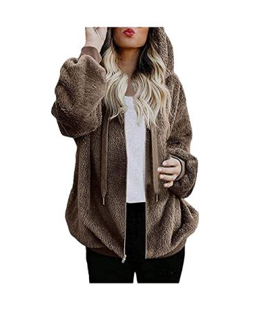 Winter Coats for Women Warm Plush Zip Up Drawstring Hoodies Long Sleeve Hooded Jacket Solid Plus Size Overcoat 5X-Large Brown