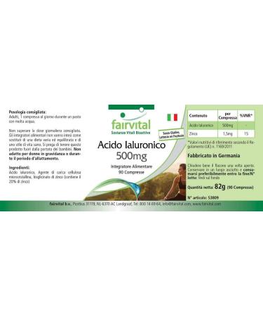 Buy Fairvital Hyaluronic Acid 500 mg - 90 Vegan Tablets with Zinc for Skin Hair & Bones - Made in Germany - International Shipping Available - Buy Online on GoSupps.com