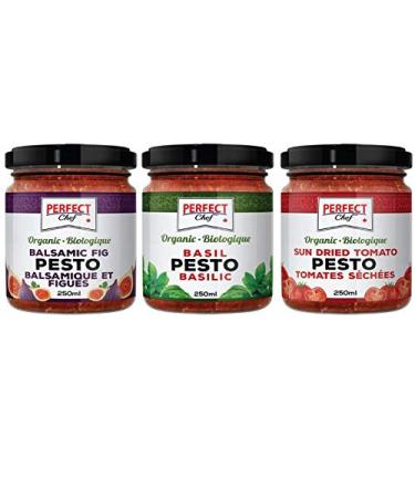 Perfect Chef Organic Pesto Variety Pack 250ml: 4 Balsamic Fig + 4 Sundried Tomato + 4 Basil