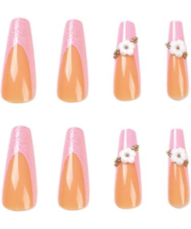 JUSTOTRY 24 Pcs Long Pink French Press on Nails with Flower Designs - Acrylic Coffin False Nails for Women - Nail Art FPO - Buy Online on GoSupps.com