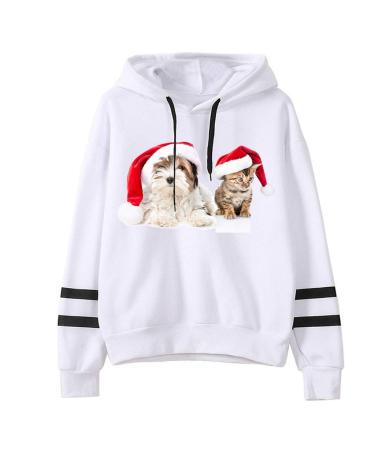 Bigfanshu Woman Dresses Christmas Print Hooded Long Sleeves Sweatshirt Pullover Tops Shirt