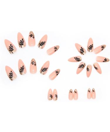 24PCS Almond Full Cover Acrylic Press on Nails with Glue Stickers - Dark Leaf Shadow French Fake Nails for Women and Girls - Buy Online on GoSupps.com
