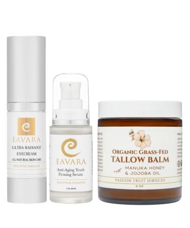 Eavara Eye Cream Facial Serum Tallow & Honey Balm Set Organic Skincare Trio with Grass-Fed Tallow Hyaluronic Acid Vitamin C & Manuka Honey Brightens & Deeply Moisturizes Sensitive Skin