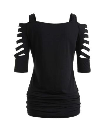 Xia&Han Women's Cold Shoulder Tunic Cut Lacerated Sleeve Tops Hollow Out Pullover Blouse Shirt Sleeve T-Shirt Black