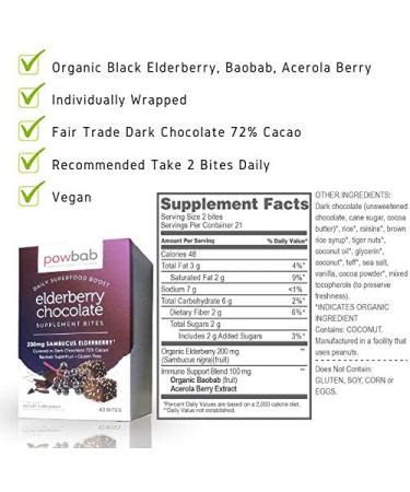 powbab Elderberry Chocolate Bites with Organic Sambucus Elderberry. 33% Less Sugar Than Elderberry Gummies. Organic Dark Chocolate 72% Cacao. Baobab Acerola Cherry (42 Count) - Buy Online on GoSupps.com
