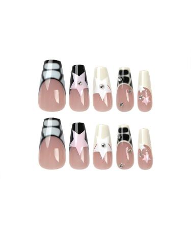 Y2K Press on Nails - Medium Long Coffin French Tips with Rhinestones | 24 Pcs White Pink Star Ballerina False Acrylic Nails for Wedding | Full Cover Glue-on Design - Buy Online on GoSupps.com