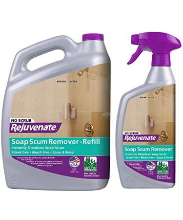 Rejuvenate Scrub Free Soap Scum Remover Shower Glass Door Cleaner Works on Ceramic Tile, Chrome, Plastic and More 24oz + 128oz