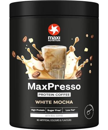 MaxiNutrition MaxiNutrition MaxPresso White Chocolate Mocha protein coffee whey protein powder 21g of protein per serving sugar-free and low-fat hot or cold mix