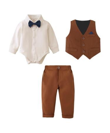 Amissz Baby Boy Clothes Outfit Suits 3-18 Months Infant Gentleman Long Sleeve Romper Jumpsuit+Pants+Bow Tie Formal Tuxedo Clothing Set for Boys 6-9 Months Brown