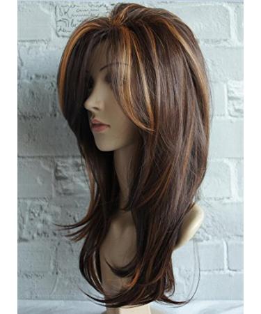 wigbuy Long Layered Shoulder Length Brown with Camel color Highlight wig Synthetic Hair Fiber Highlight Multicolor Wigs for White Women (Brown with Camel)