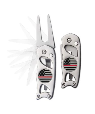 Indiana Metal Craft Thin Red Line Switchblade Golf Divot Repair Tool Stainless Steel with 2 Removable Ball Markers