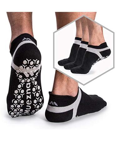 Muezna Men's Non-Slip Yoga Socks, Anti-Skid Pilates, Barre, Bikram Fitness Hospital Slipper Socks with Grips 9-11 Black - 3 Pairs