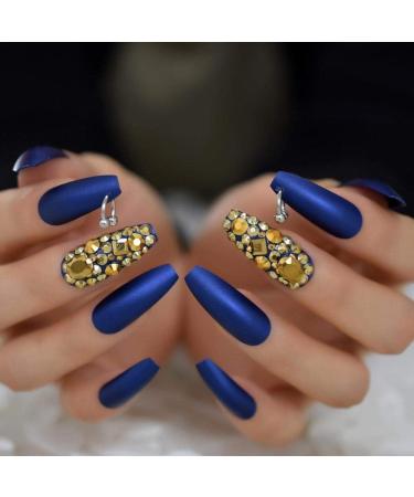 Stylish Hujl Artificial Nails - Punk Gold & Blue Diamond Design | Extra Long Matte Coffin Shape for Stunning Nail Art - Buy Online on GoSupps.com