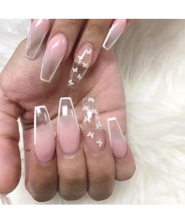 Sinlov 24pcs Coffin Fake Nails Nude Gradient Press On wrong nails long fake nails full cover fake nails art nail tips for women and girls (pink 5)