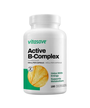 Vitasave Active B-Complex - High Potency Vitamin B Supplement with 8 B-Vitamins: B1 B2 B3 B5 B6 B7 B9 and B12 - Supports Energy Mood and Metabolism - 180 Vegetarian Capsules