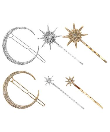 FRCOLOR 2 Sets Snowflake Star Hair Clip Star Hair Accessories Silver Star Hair Clips Silver Barrettes Star Moon Hair Clip Hair Jewelry Golden Hair Clips Hair Pin Hairpin Diamond Alloy