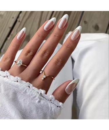 24PCS Aurora White Tip Press On Nails - Mirror Metal Stiletto & Almond Shape Fake Nails for Easy Application - Glue On & Stick On False Nails - Buy Online on GoSupps.com