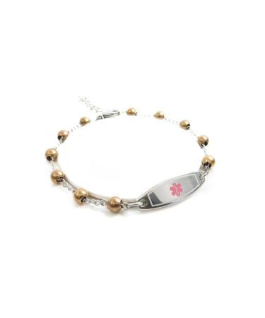 Pre-Engraved Customized Women s Diabetes Type II Medical Bracelet - Mini Steel Beads - Wallet Card Included - Pink